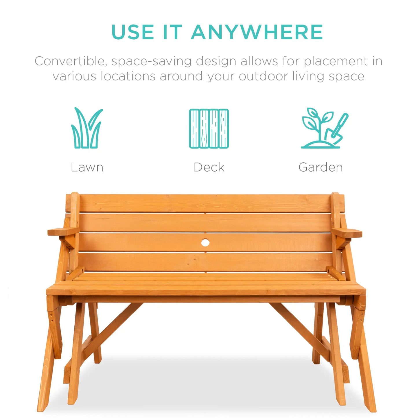 2-in-1 Convertible Wooden Outdoor Picnic Table & Garden Bench by Best Choice Products, Built with Umbrella Mount Hole, Natural Wood Finish