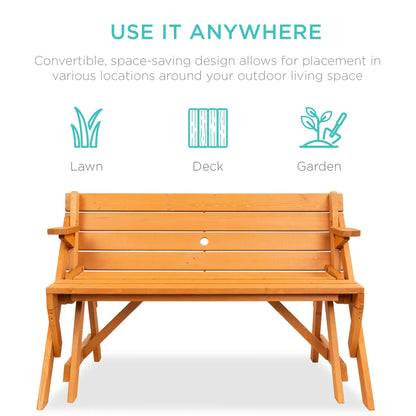 2-in-1 Convertible Wooden Outdoor Picnic Table & Garden Bench by Best Choice Products, Built with Umbrella Mount Hole, Natural Wood Finish