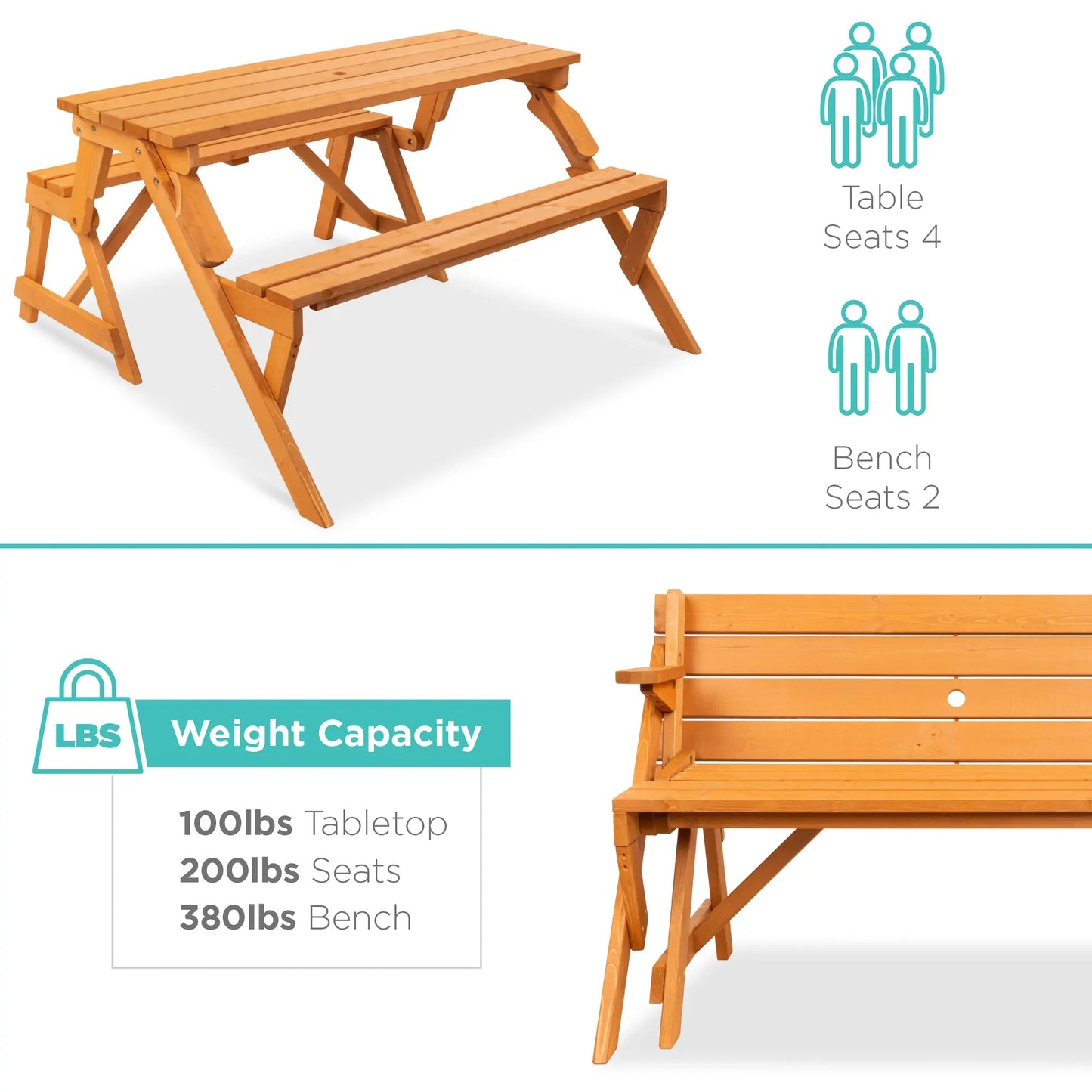 2-in-1 Convertible Wooden Outdoor Picnic Table & Garden Bench by Best Choice Products, Built with Umbrella Mount Hole, Natural Wood Finish