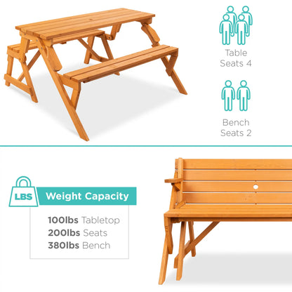 2-in-1 Convertible Wooden Outdoor Picnic Table & Garden Bench by Best Choice Products, Built with Umbrella Mount Hole, Natural Wood Finish