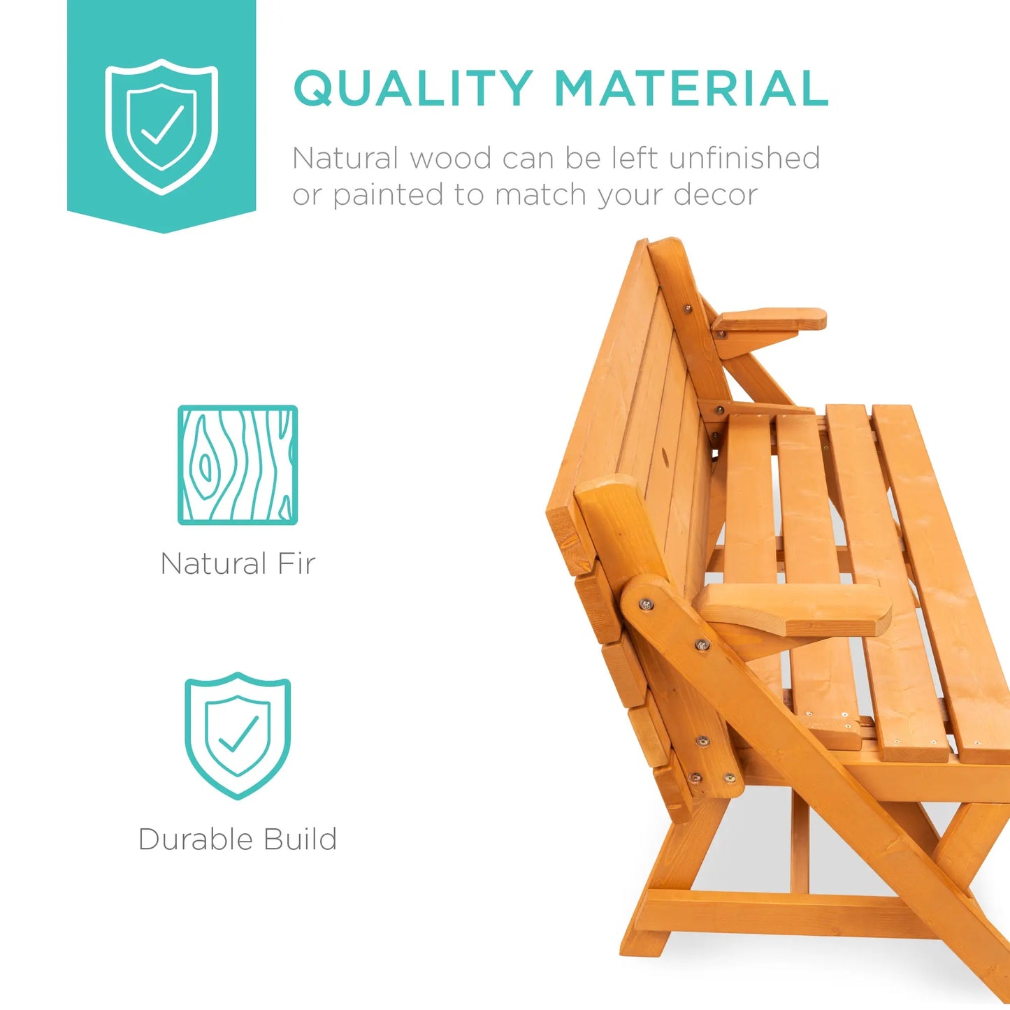 2-in-1 Convertible Wooden Outdoor Picnic Table & Garden Bench by Best Choice Products, Built with Umbrella Mount Hole, Natural Wood Finish