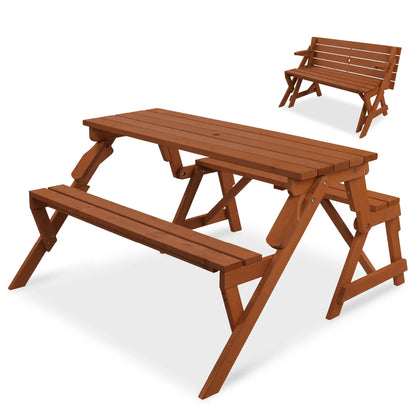 2-in-1 Convertible Wooden Outdoor Picnic Table & Garden Bench by Best Choice Products, Built with Umbrella Mount Hole, Natural Wood Finish
