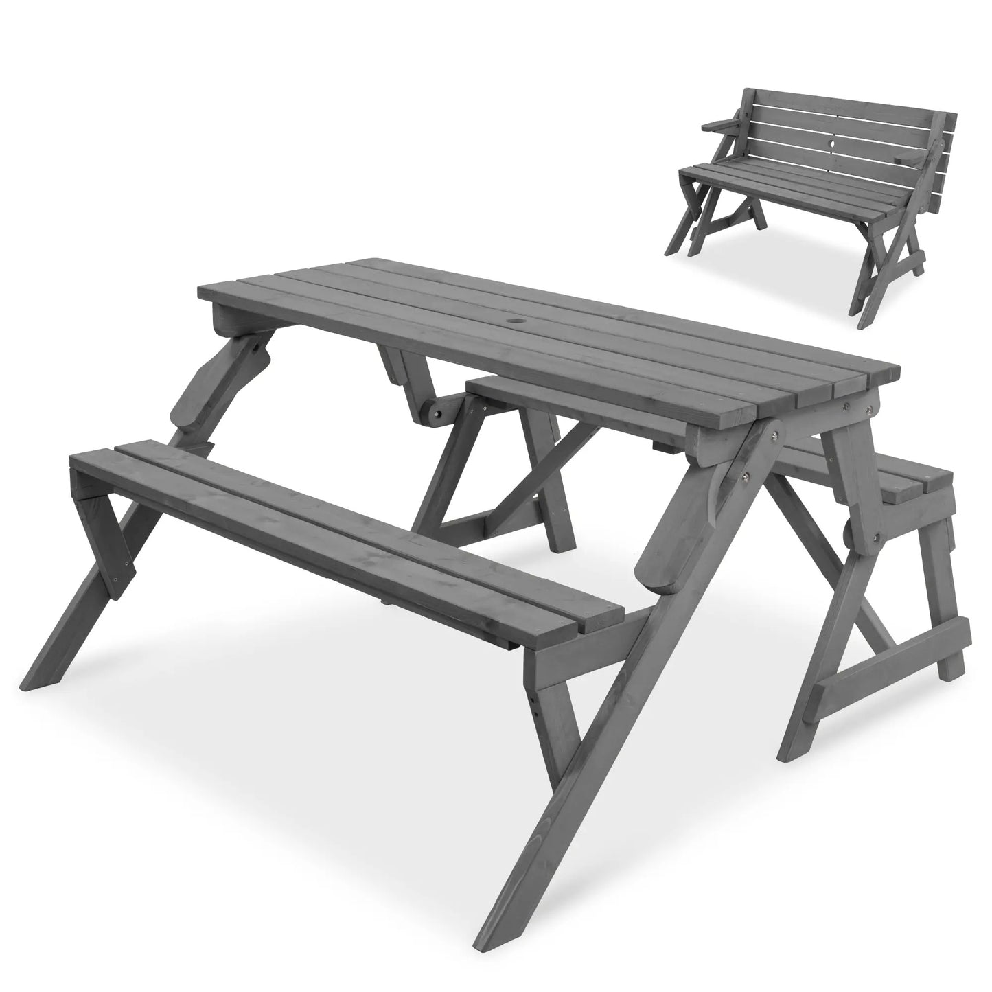 2-in-1 Convertible Wooden Outdoor Picnic Table & Garden Bench by Best Choice Products, Built with Umbrella Mount Hole, Natural Wood Finish