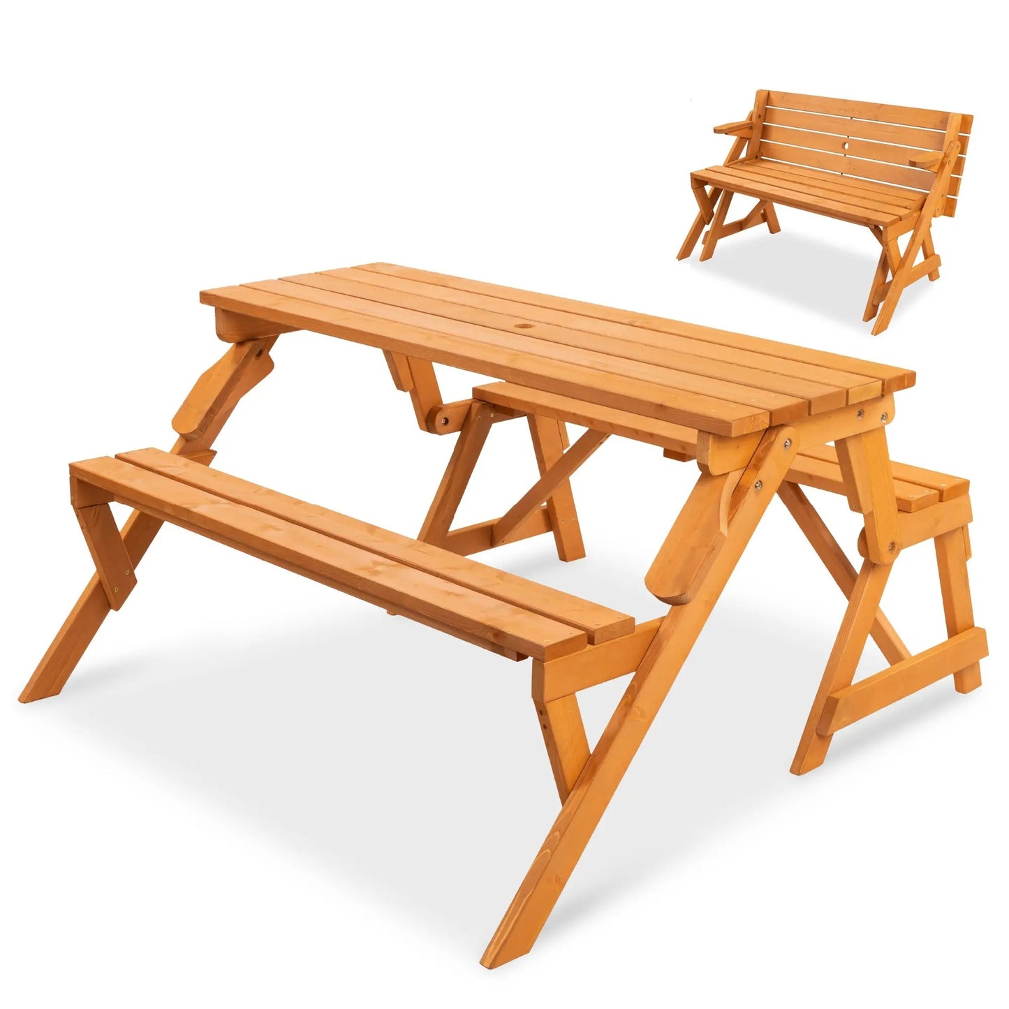 2-in-1 Convertible Wooden Outdoor Picnic Table & Garden Bench by Best Choice Products, Built with Umbrella Mount Hole, Natural Wood Finish