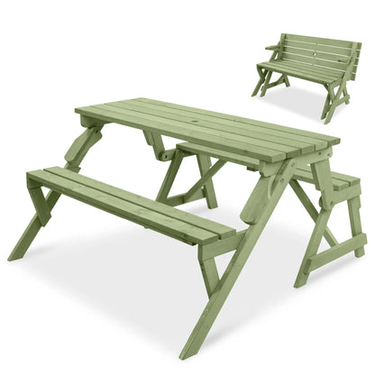 2-in-1 Convertible Wooden Outdoor Picnic Table & Garden Bench by Best Choice Products, Built with Umbrella Mount Hole, Natural Wood Finish
