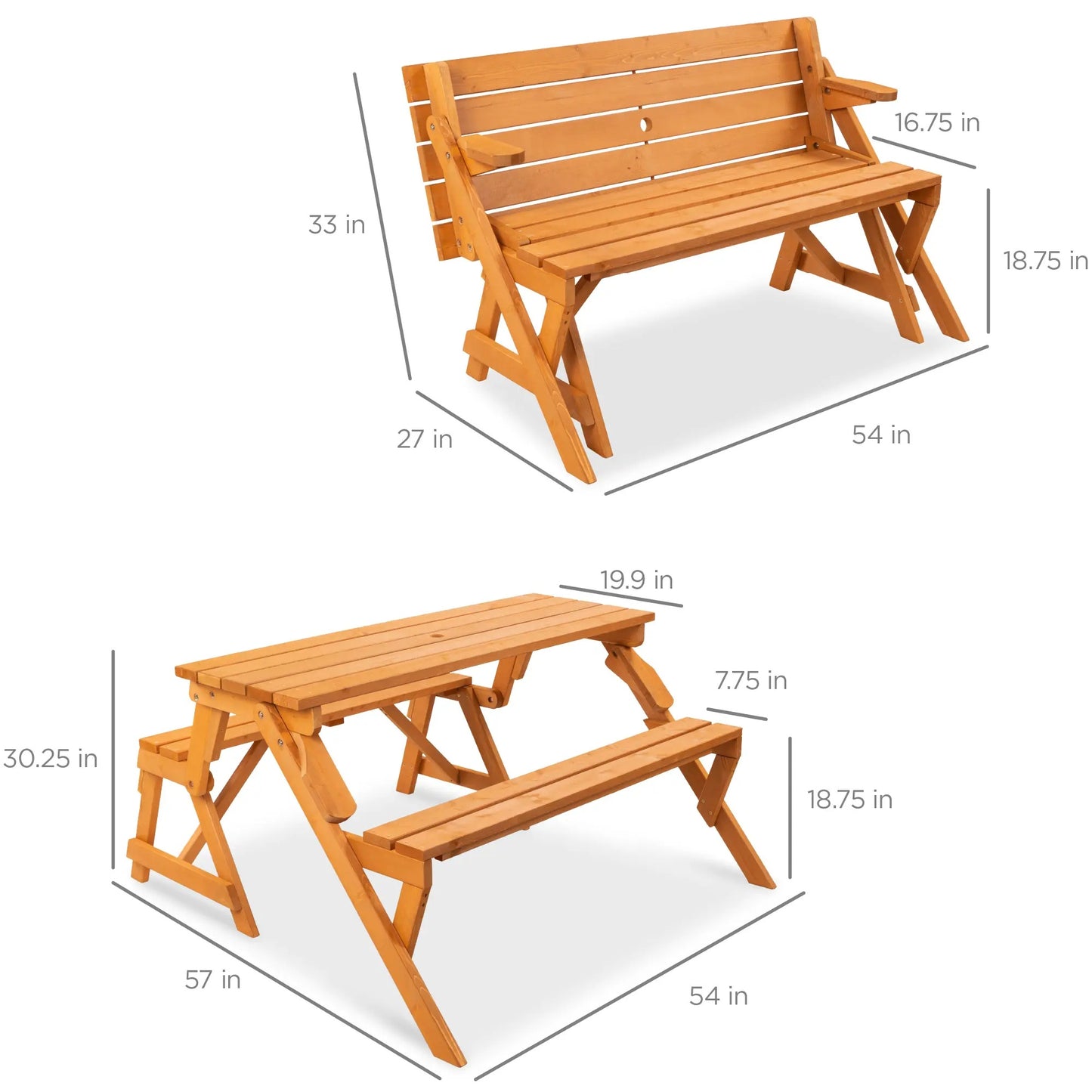 2-in-1 Convertible Wooden Outdoor Picnic Table & Garden Bench by Best Choice Products, Built with Umbrella Mount Hole, Natural Wood Finish