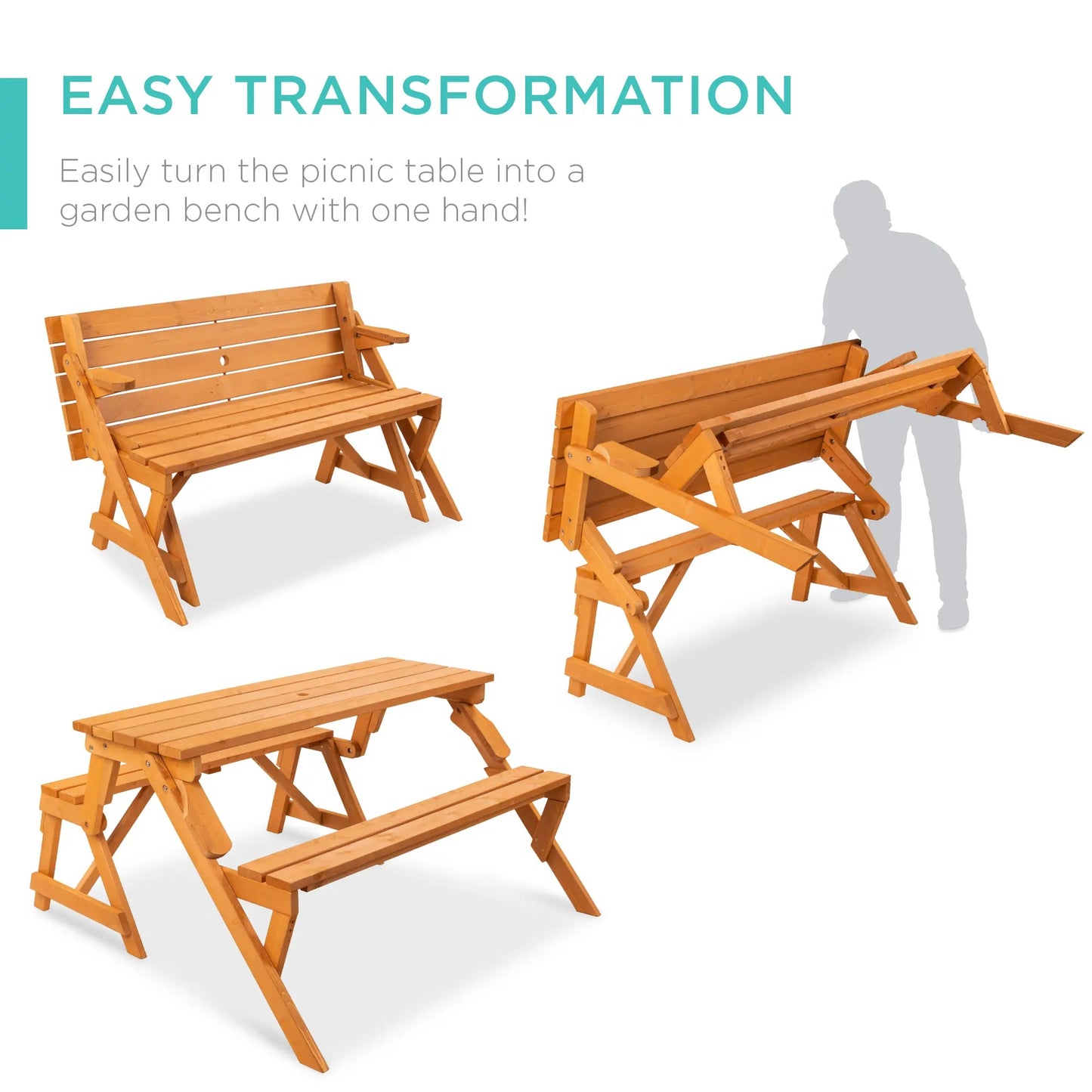 2-in-1 Convertible Wooden Outdoor Picnic Table & Garden Bench by Best Choice Products, Built with Umbrella Mount Hole, Natural Wood Finish