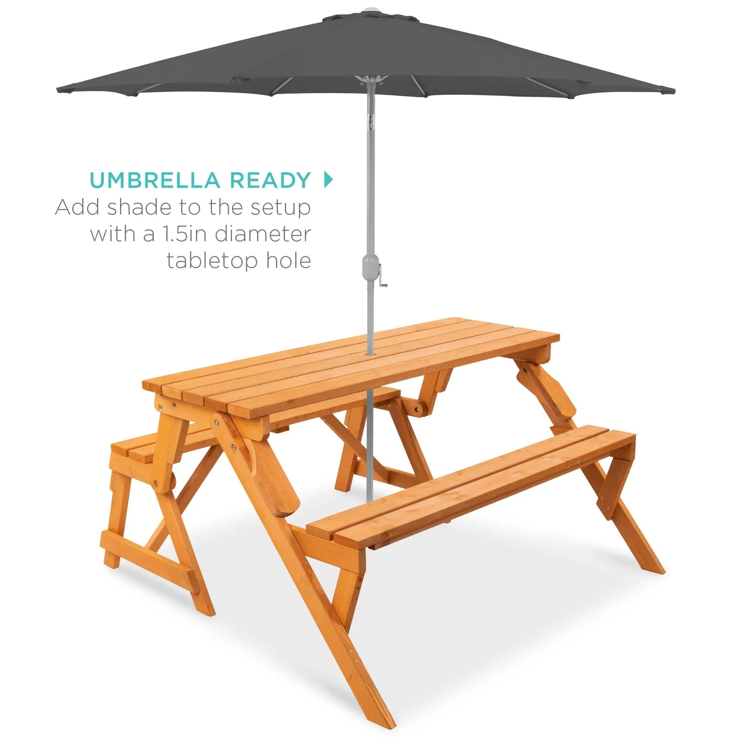 2-in-1 Convertible Wooden Outdoor Picnic Table & Garden Bench by Best Choice Products, Built with Umbrella Mount Hole, Natural Wood Finish